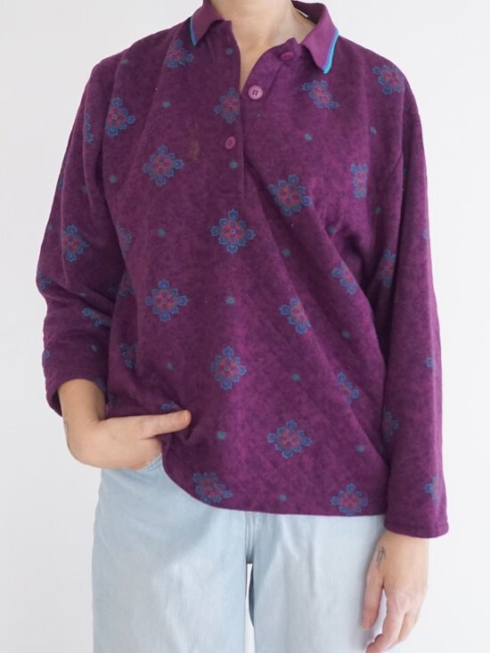 Tops - Vintage Gitano Purple Floral Geometric Grunge Academic Collared Polo Shirt S